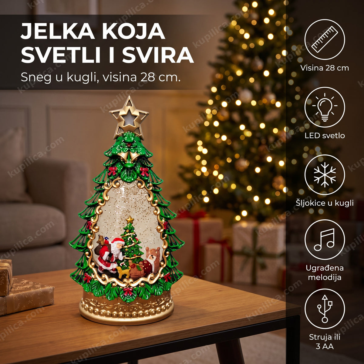muzička novogodišnja jelka sa snegom i led svetlom na stolu kraj jelke