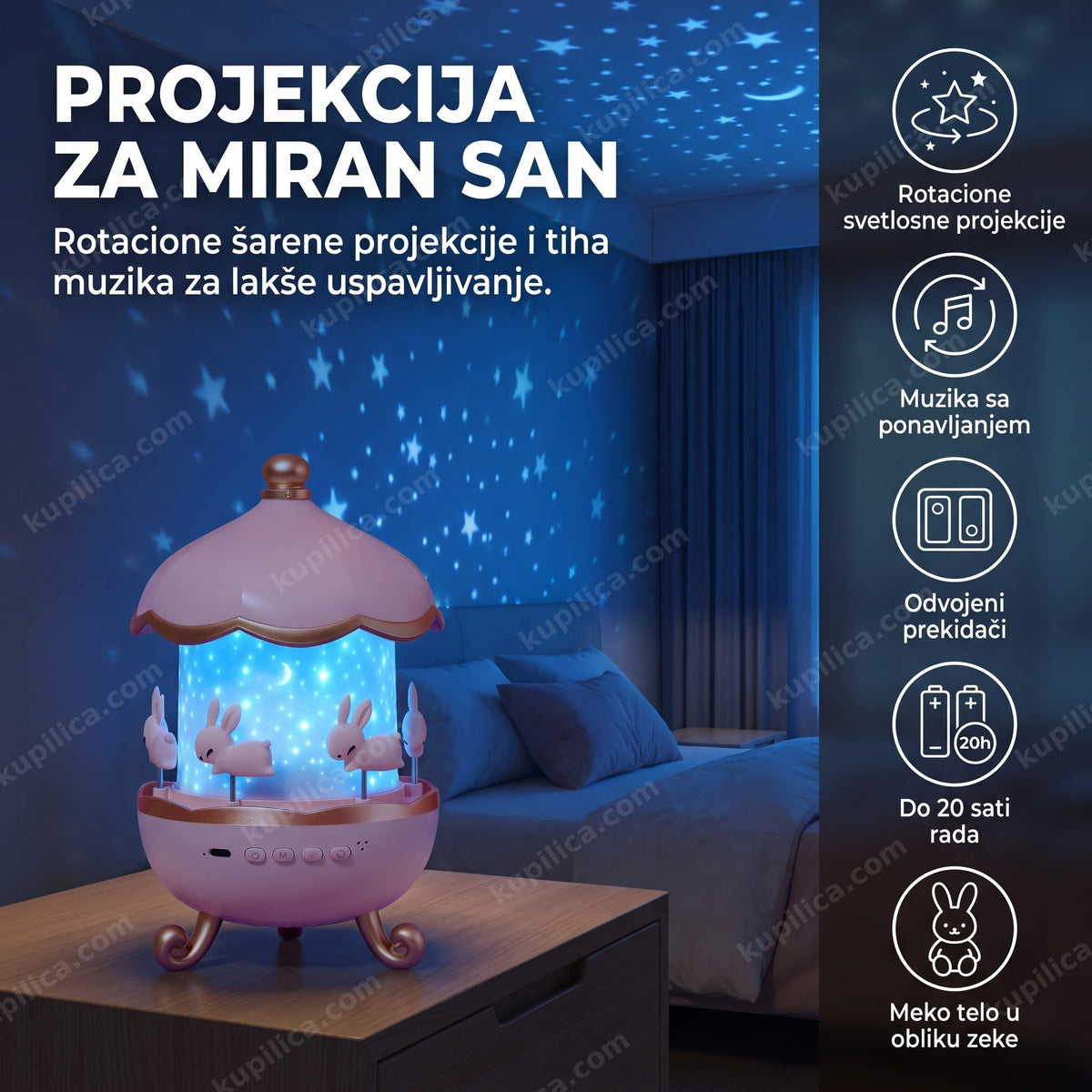 roze muzički projektor zeka projektuje zvezde na plafon prazne sobe za bebe, benefiti proizvoda