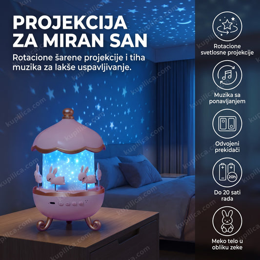 roze muzički projektor zeka projektuje zvezde na plafon prazne sobe za bebe, benefiti proizvoda