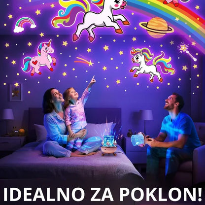 porodica posmatra projekciju jednoroga i duge na zidu spavaće sobe