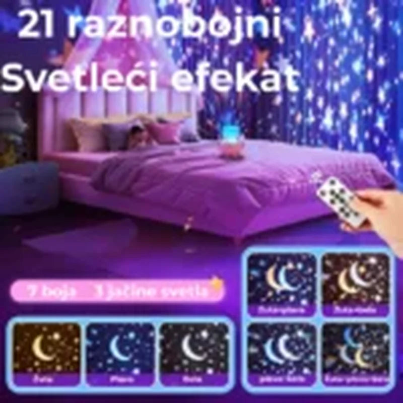 dete spava u krevetu obasjano zvezdanom projekcijom sa zavesa
