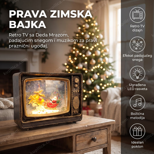 muzički tv sa deda mrazom i efektom padajućeg snega na polici pored jelke, benefiti proizvoda