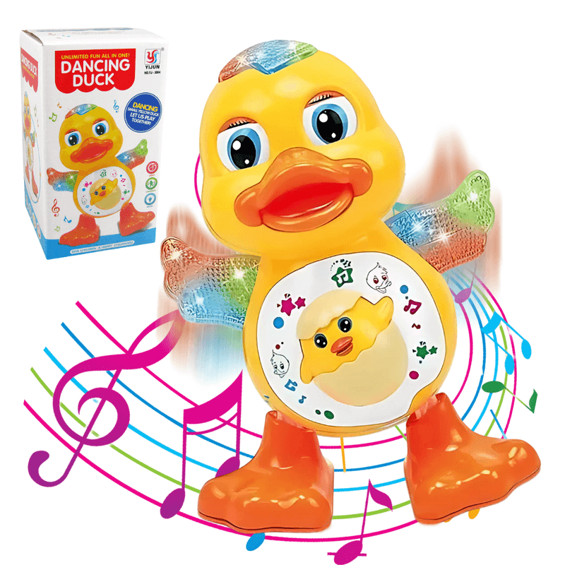 muzička igračka pače sa svetlom pored kutije dancing duck i muzičkih nota