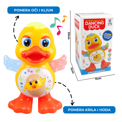 pače pomera oči, kljun i krila dok hoda, prikazana kutija sa merama