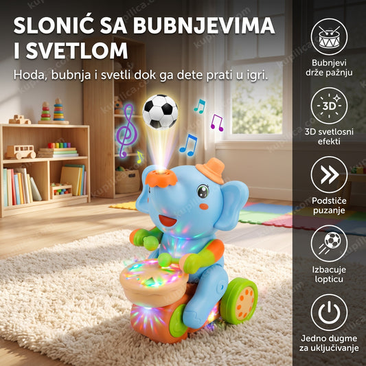 plavi muzikalni slonić za decu sa bubnjevima i upaljenim 3D svetlima, benefiti proizvoda