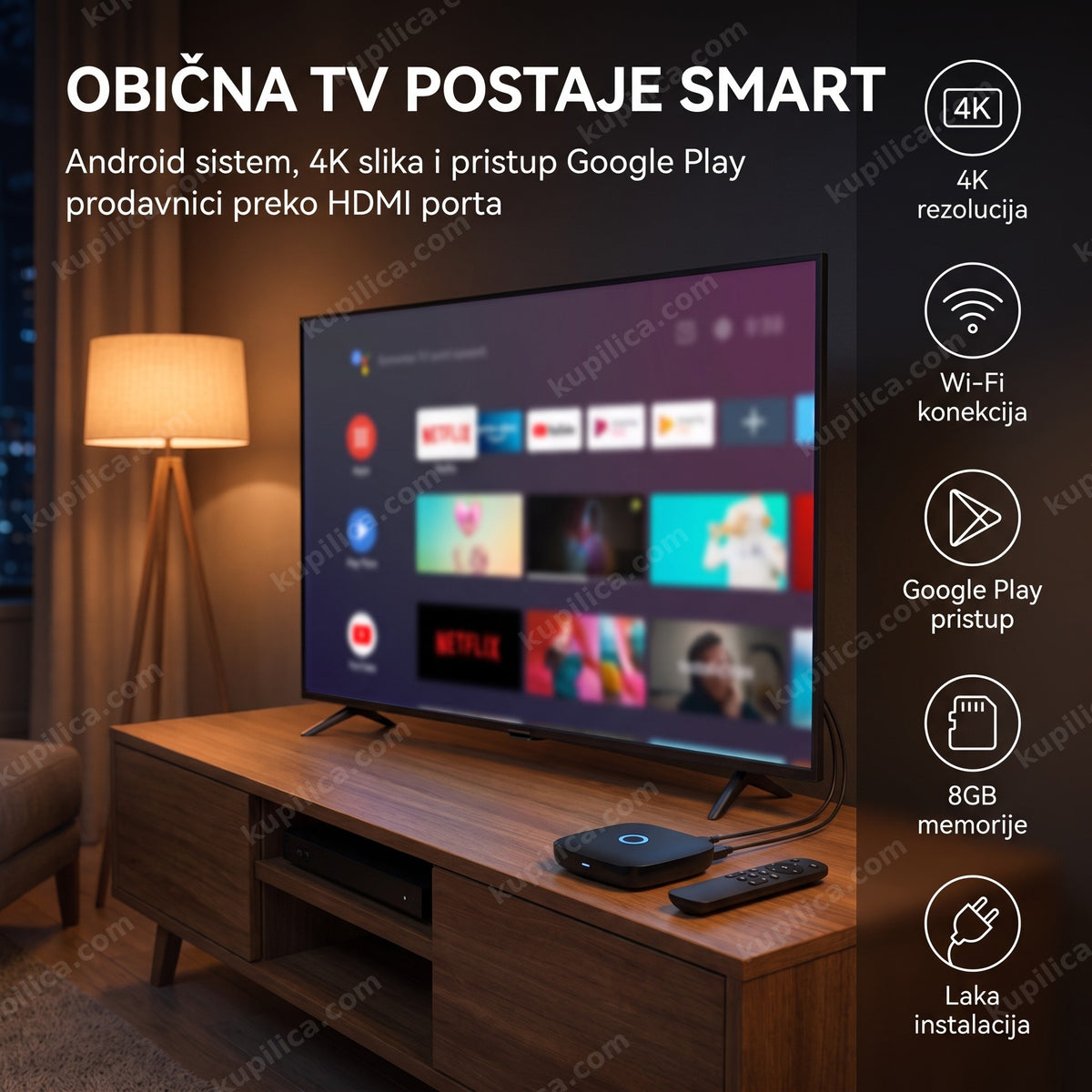 mx10 android tv box na TV polici pored daljinskog upravljača