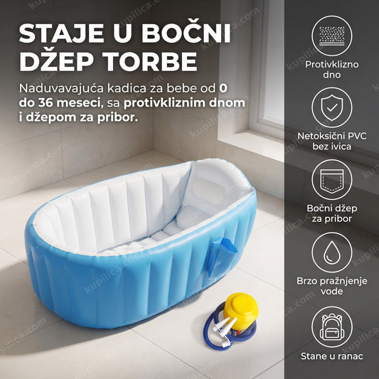 naduvavajuća plava kadica za bebe sa bočnim džepom i pumpom u kupatilu