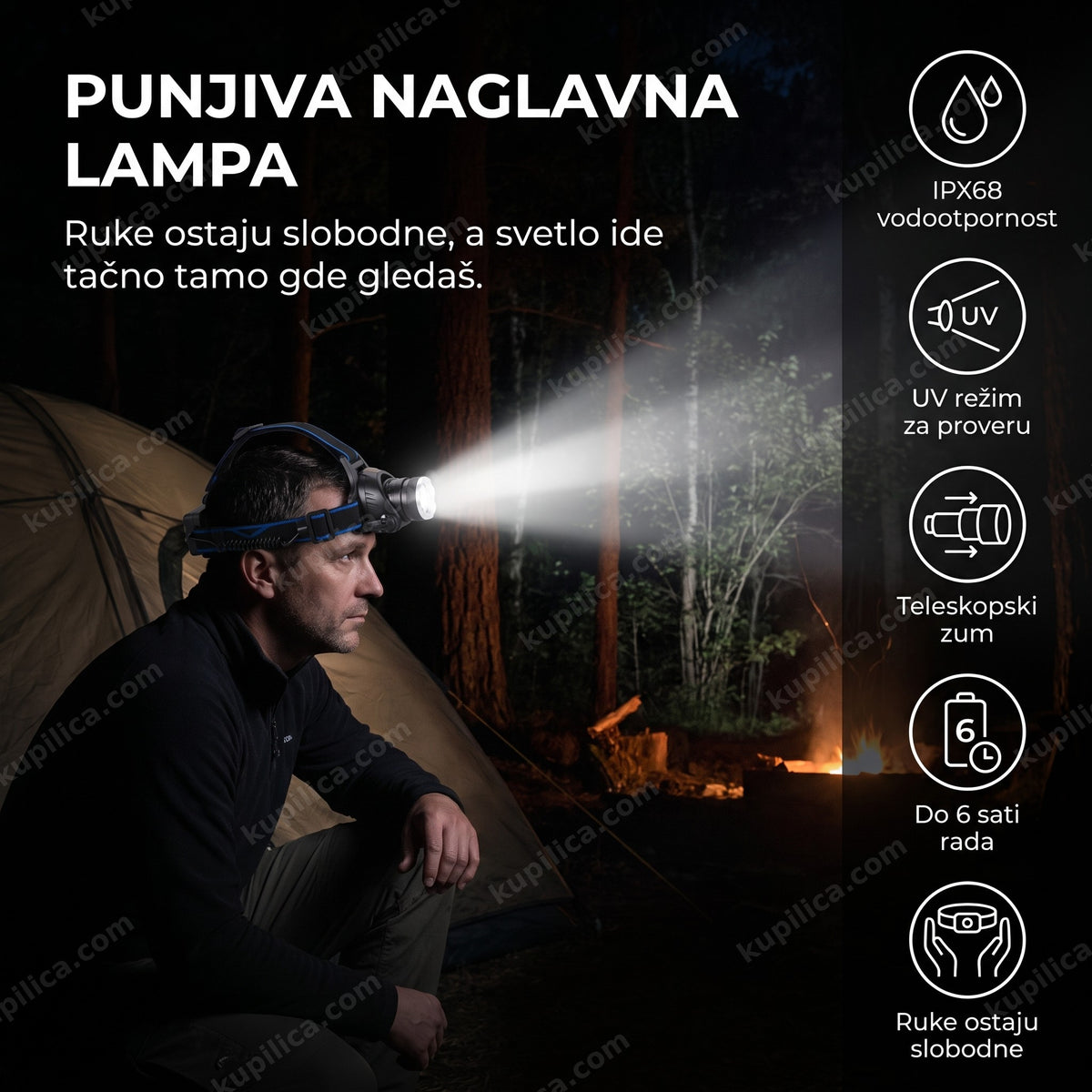 naglavna lampa sa uv svetlom na čelu tokom kampovanja noću, benefiti proizvoda