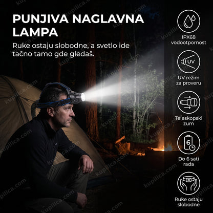 naglavna lampa sa uv svetlom na čelu tokom kampovanja noću, benefiti proizvoda