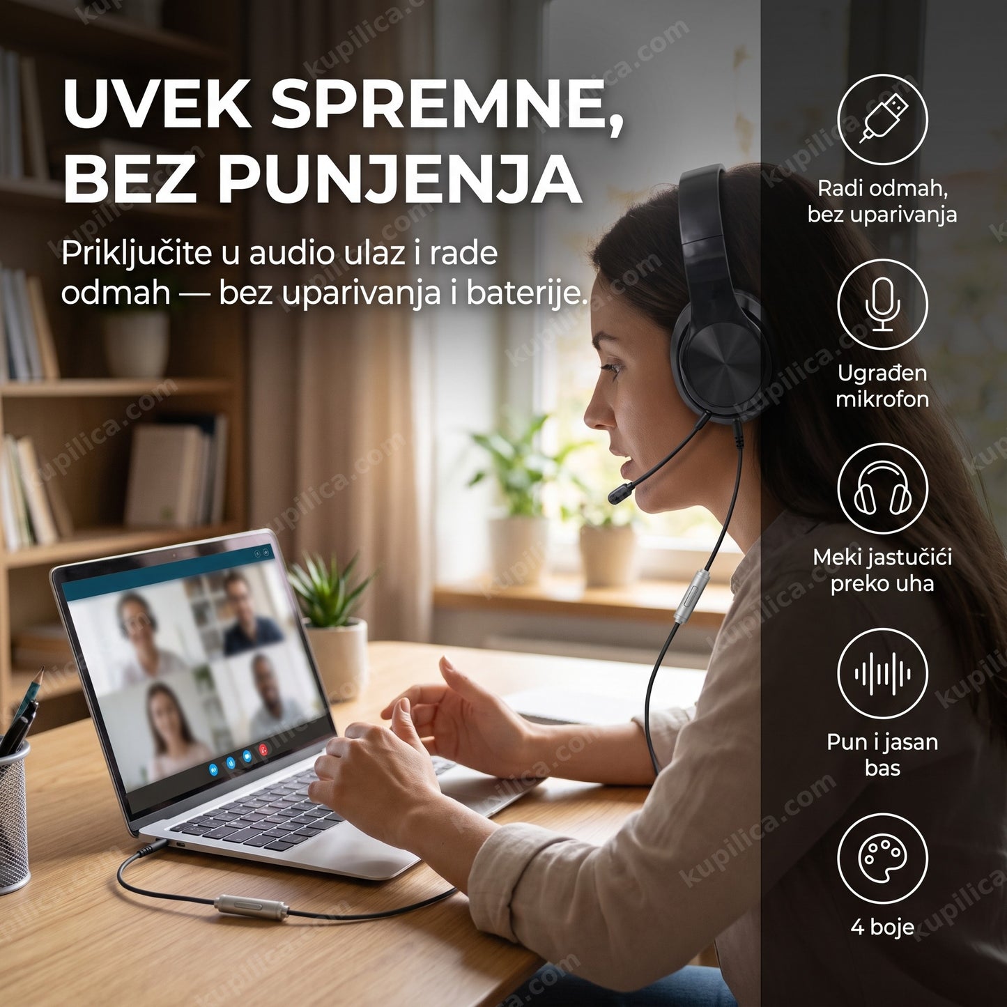 slušalice MDR-362 sa mikrofonom — video poziv sa laptopa, žičane slušalice bez punjenja i uparivanja