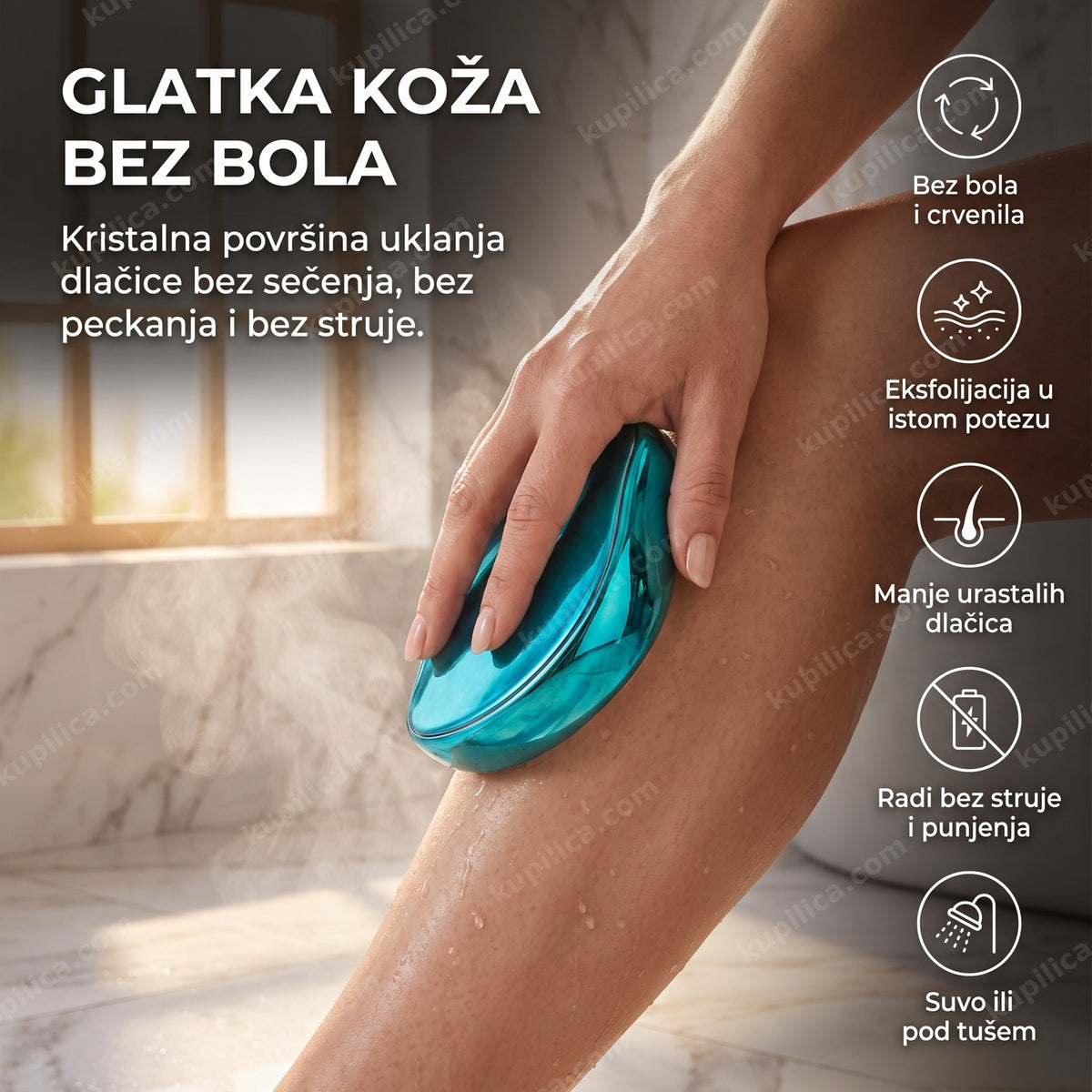 nano epilator sa kristalima — korišćenje na nozi u elegantnom kupatilu, benefiti proizvoda