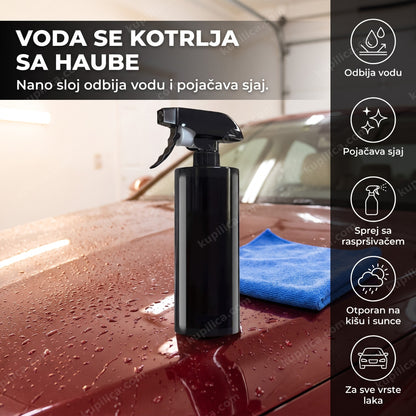 crna sprej bočica nano premaza za lak auta na crvenoj haubi sa kapima vode
