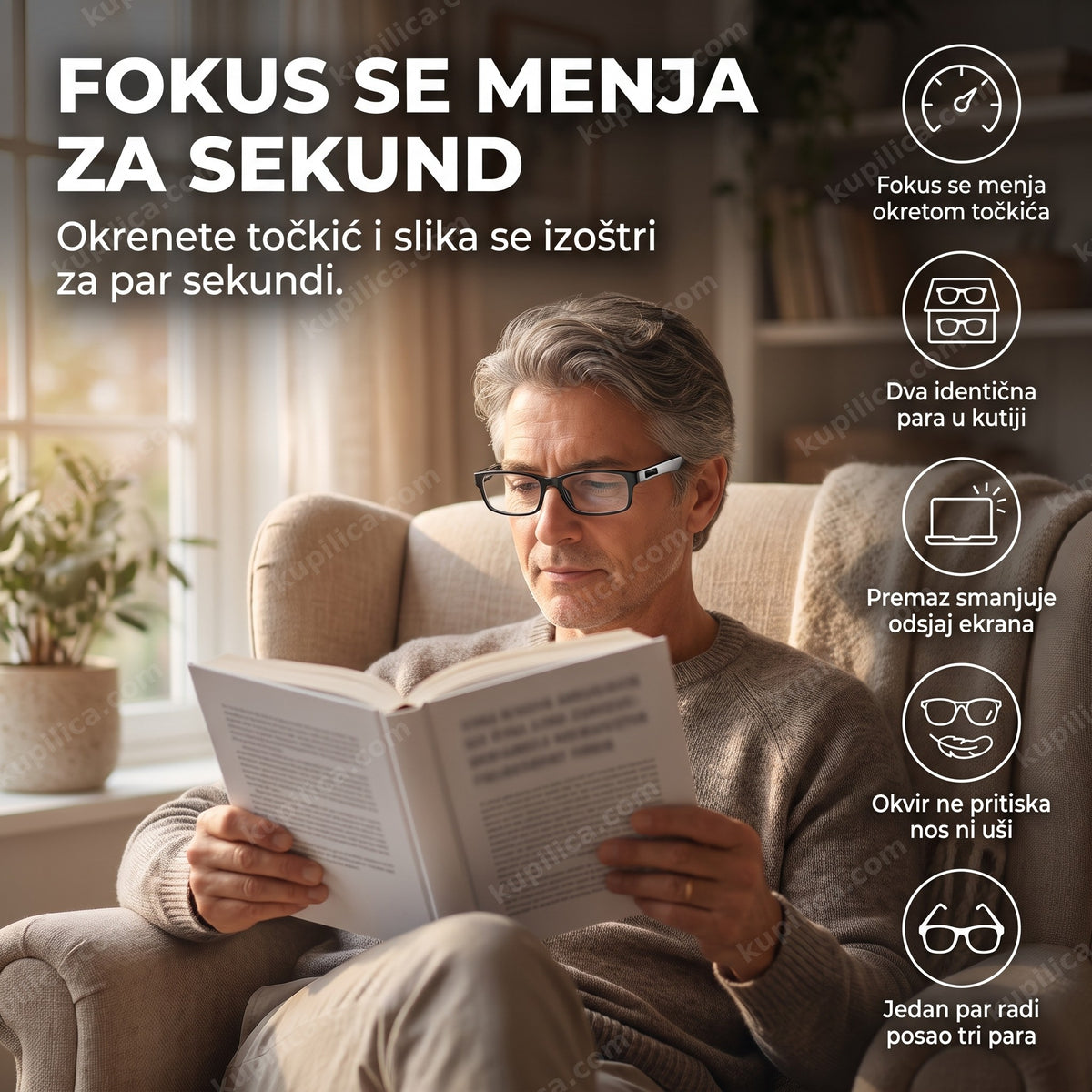 naočare sa fleksibilnim fokusom na osobi koja čita knjigu, benefiti proizvoda