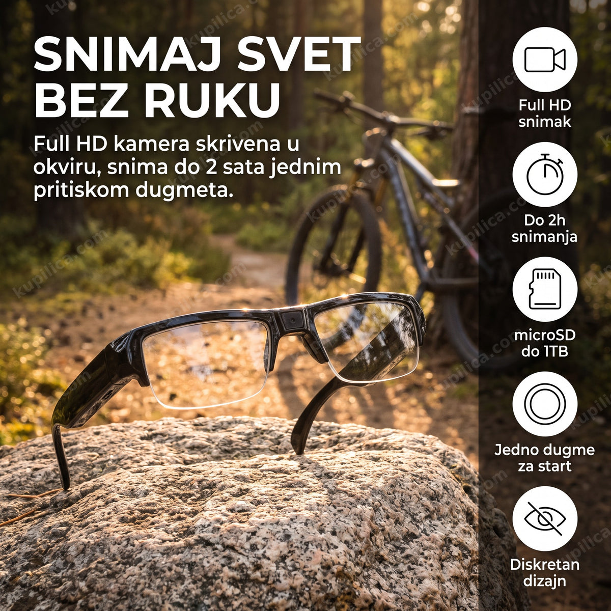 naočare sa kamerom Full HD na kamenu pored planinarske staze