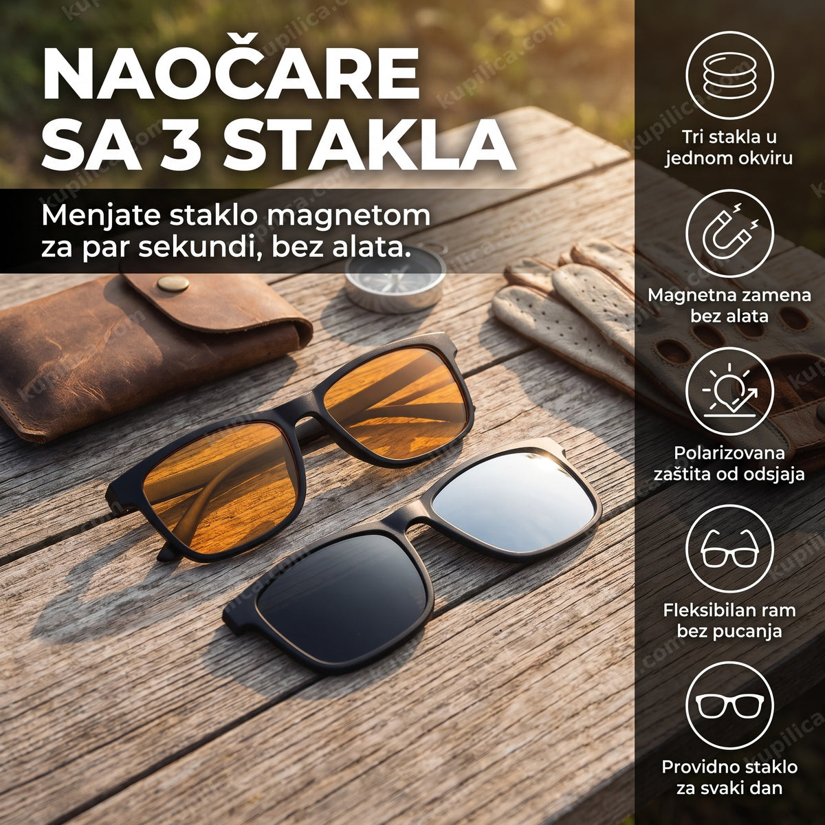 crne naočare sa promenljivim staklima i zamenjivim narandžastim i providnim staklom pored, benefiti proizvoda