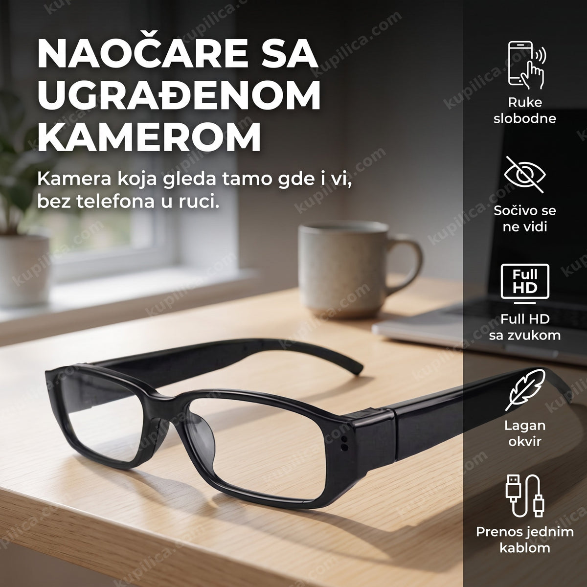 Naočare sa ugrađenom kamerom u krupnom planu na radnom stolu, benefiti proizvoda