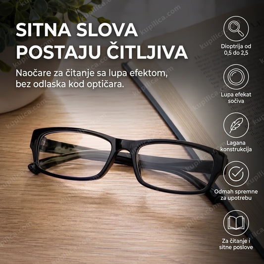 crne naočare za čitanje na drvenom stolu pored otvorene knjige