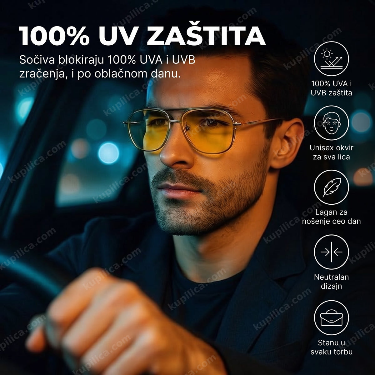 muškarac vozi noću sa naočarima za sunce sa žutim staklima, prikaz benefita proizvoda