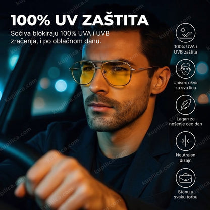 muškarac vozi noću sa naočarima za sunce sa žutim staklima, prikaz benefita proizvoda