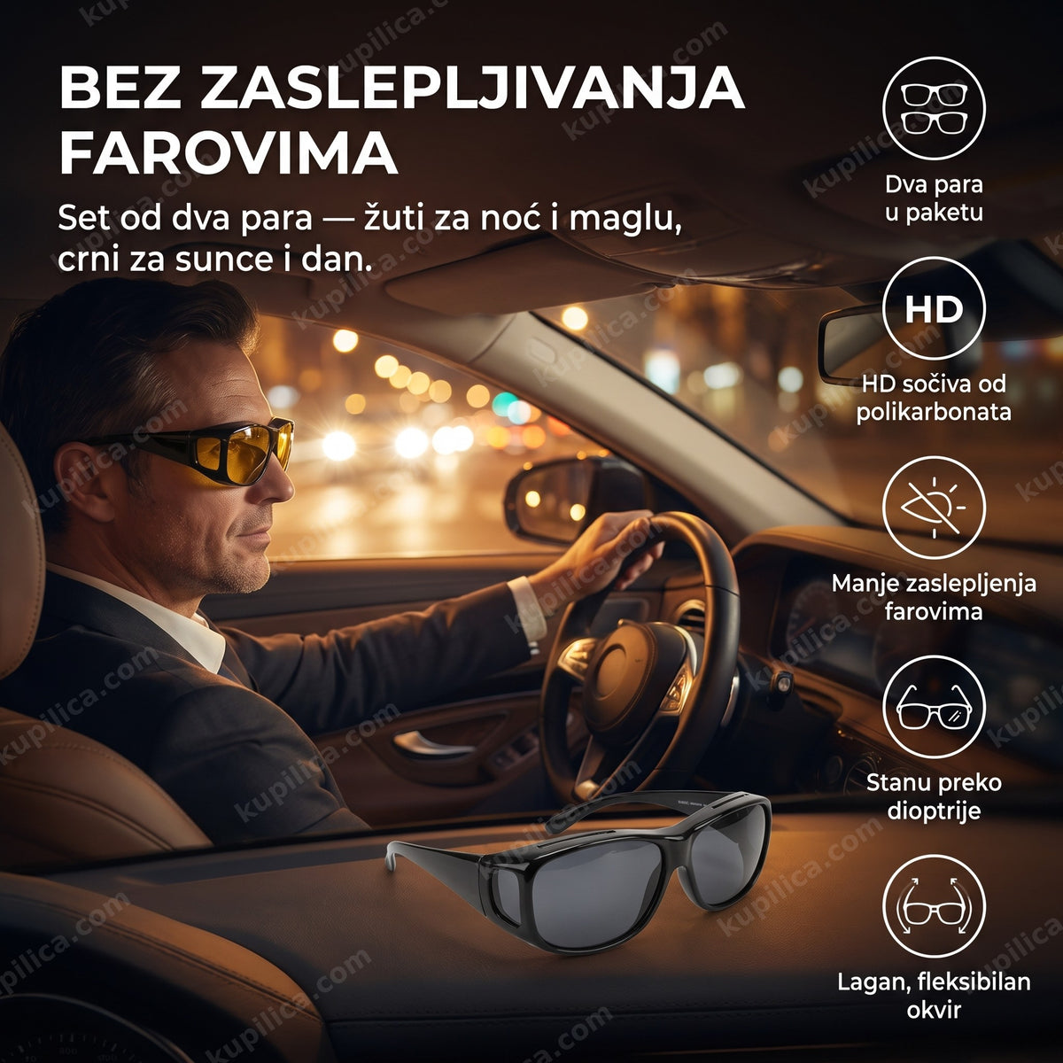 vozač nosi žute naočare za noćnu vožnju, benefiti proizvoda