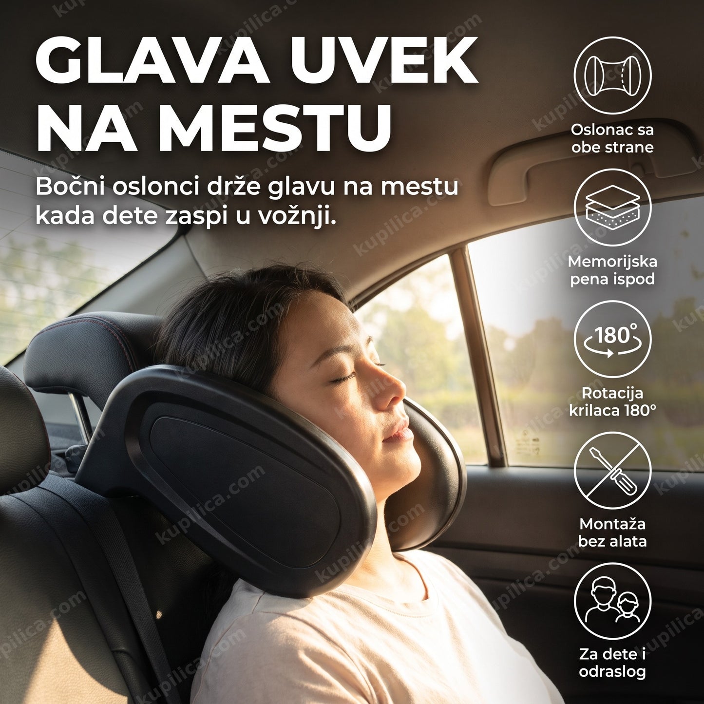 Naslon za glavu za dečije auto sedište sa rotacijom 180° i memorijskom penom