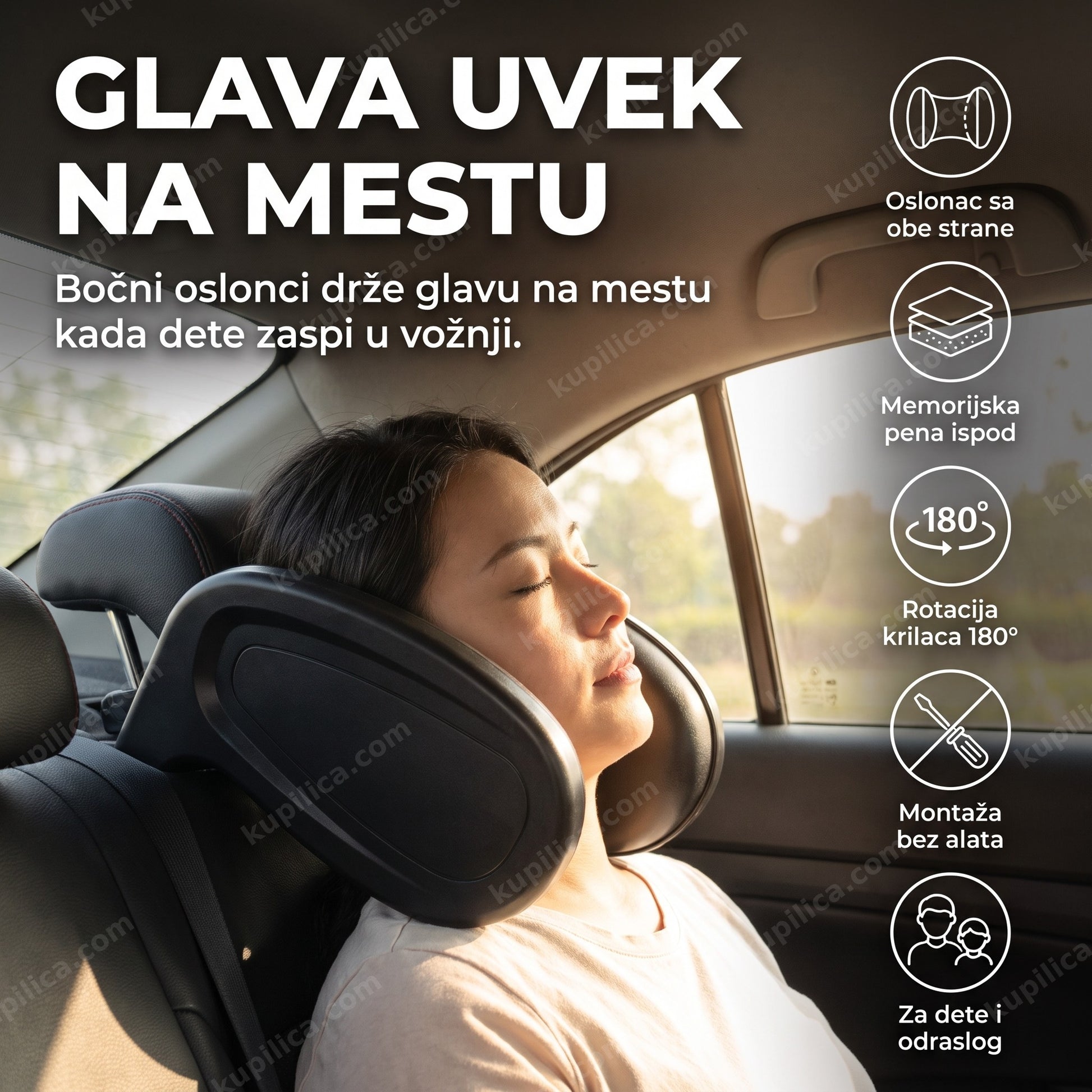 Naslon za glavu za dečije auto sedište sa rotacijom 180° i memorijskom penom