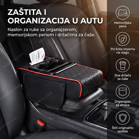 crni naslon za ruke u autu sa organajzerom i držačima za čaše