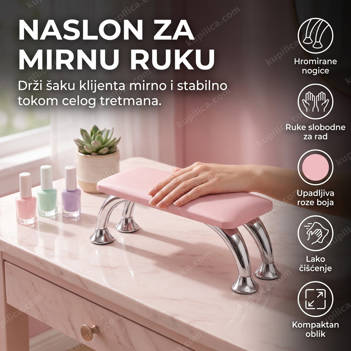 Roze naslon za ruke za manikir sa hromiranim nogicama, benefiti proizvoda