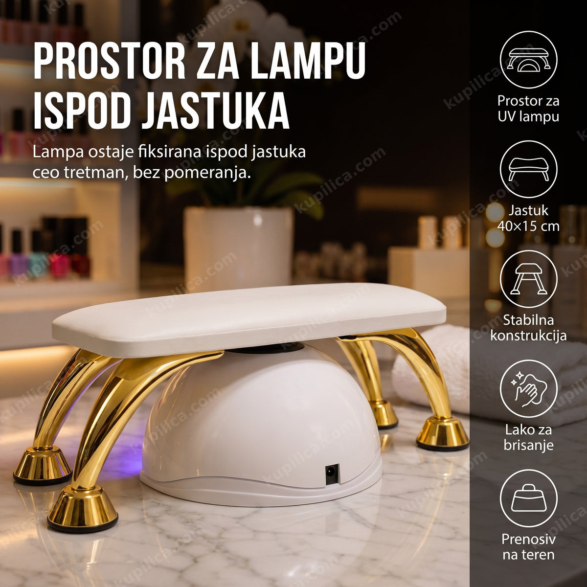 Beli naslon za ruke sa zlatnim nogicama za manikir na salonskom stolu, benefiti proizvoda