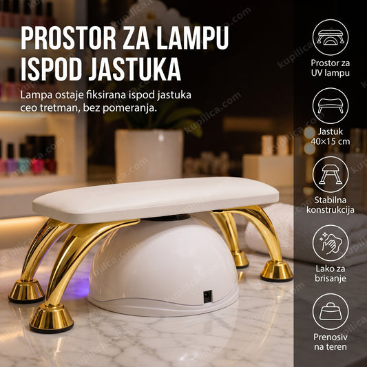 Beli naslon za ruke sa zlatnim nogicama za manikir na salonskom stolu, benefiti proizvoda