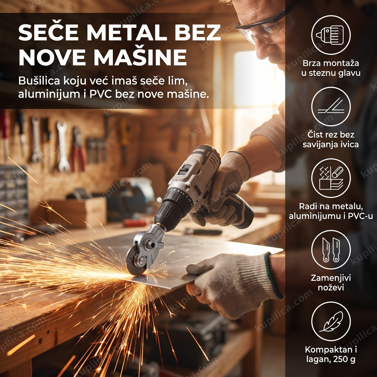nastavak za bušilicu sekač metala - sečenje lima uz varnice rukama u rukavicama - benefiti proizvoda
