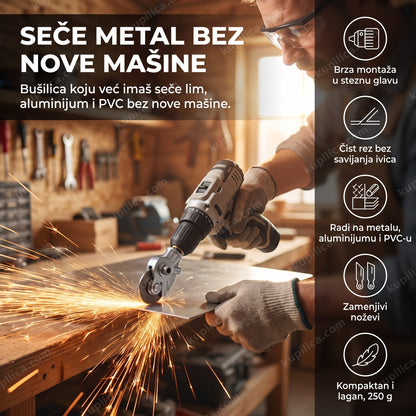 nastavak za bušilicu sekač metala - sečenje lima uz varnice rukama u rukavicama - benefiti proizvoda