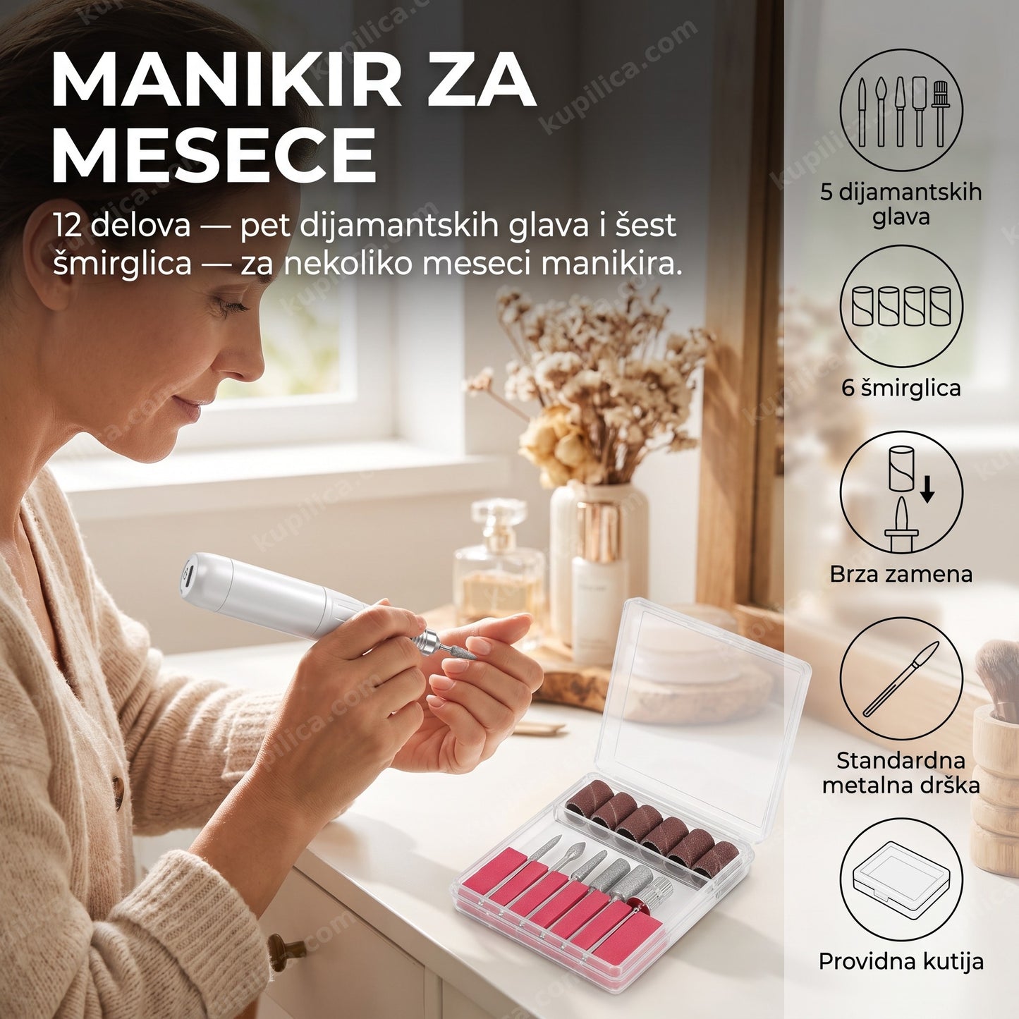 nastavci za električnu turpiju za nokte — žena radi manikir kod kuće, 12 delova, 5 dijamantskih glava i 6 šmirglica