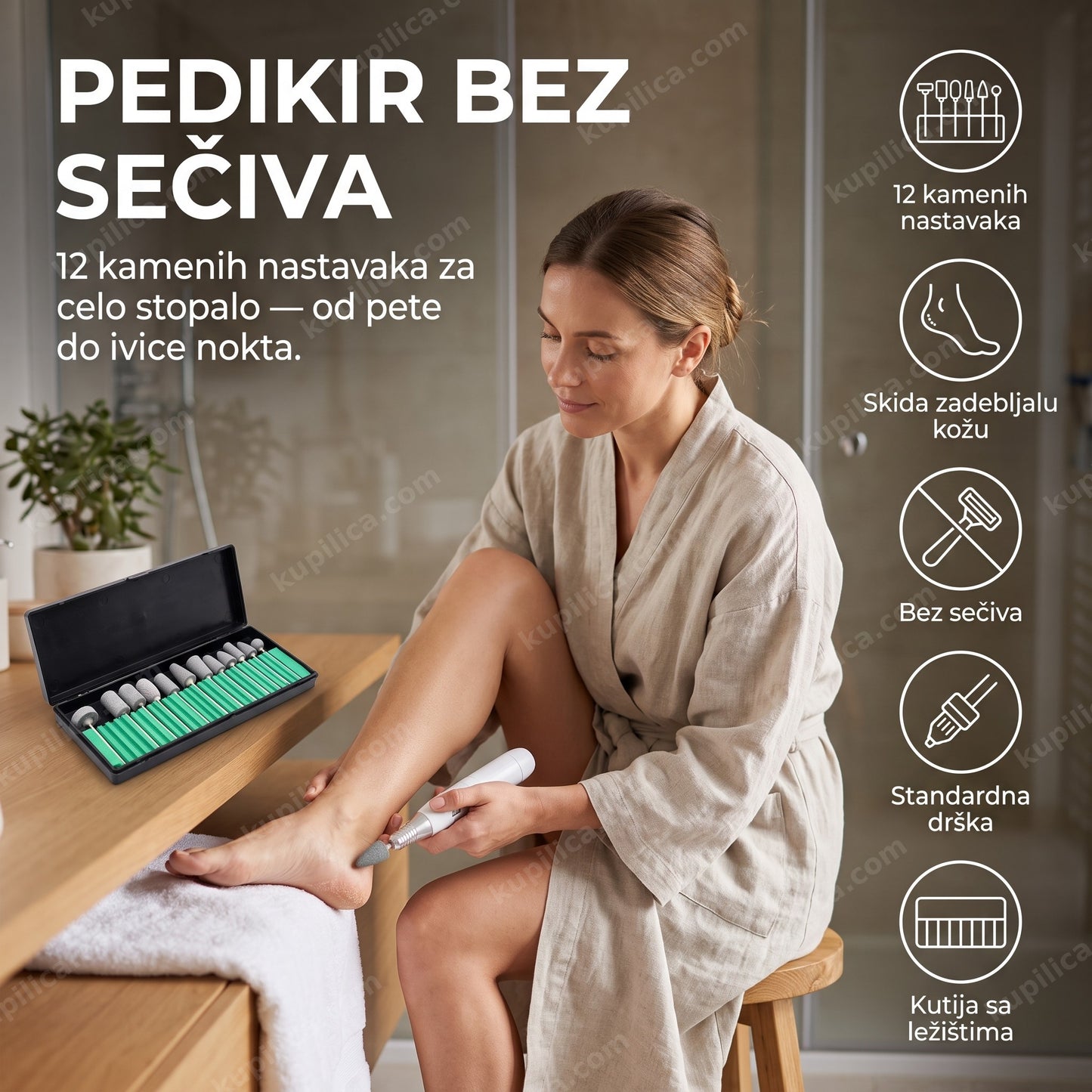 nastavci za električnu turpiju za pedikir — žena koristi aparat za pedikir kod kuće, 12 kamenih nastavaka u kutiji, bez sečiva