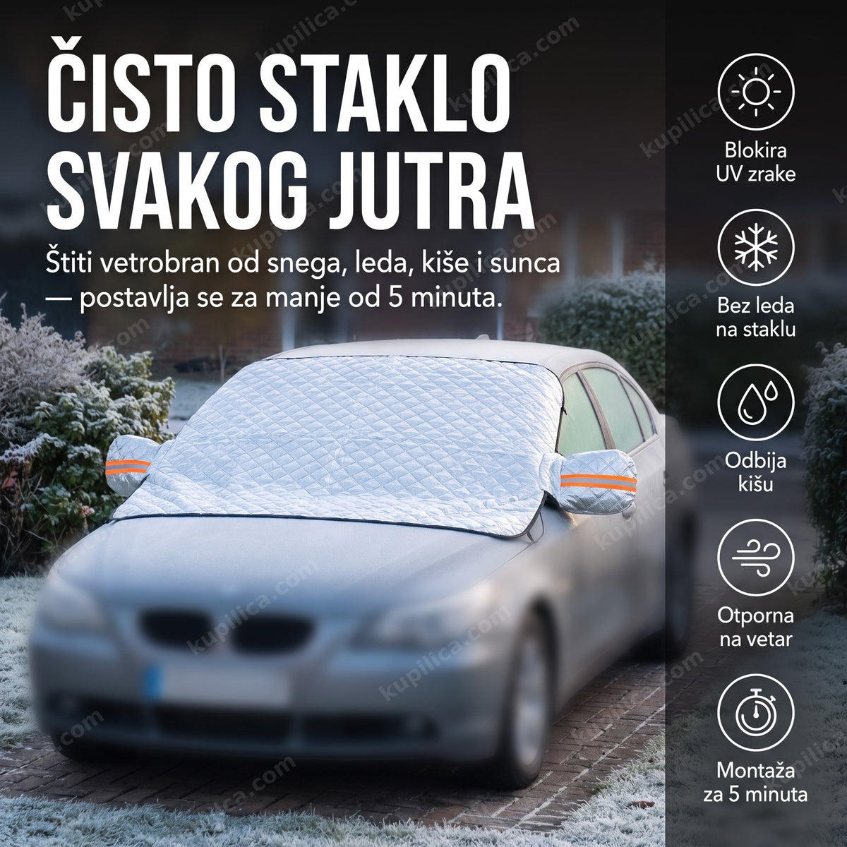 navlaka za vetrobransko staklo od snega i leda — postavljena na vetrobran parkiranog automobila