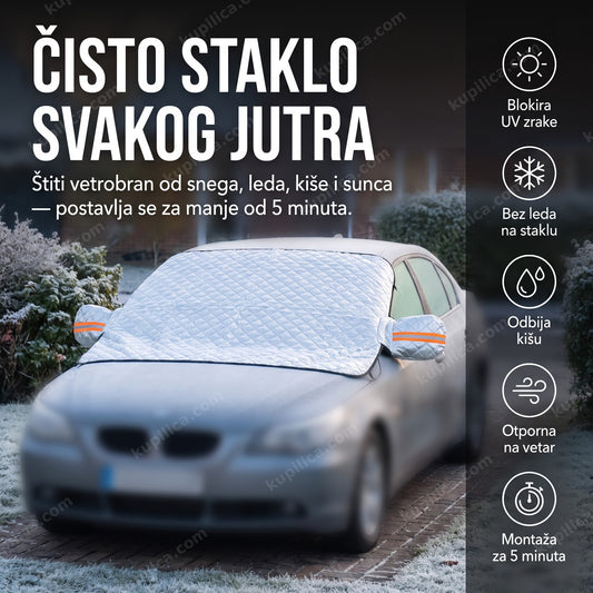 navlaka za vetrobransko staklo od snega i leda — postavljena na vetrobran parkiranog automobila