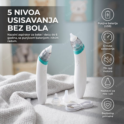 beli nazalni aspirator za bebe sa nastavcima za nos i uši na stolu