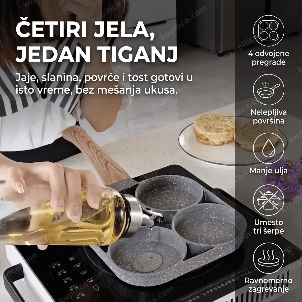 nelepljivi tiganj sa 4 pregrade na šporetu tokom pripreme doručka, benefiti proizvoda