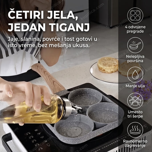 nelepljivi tiganj sa 4 pregrade na šporetu tokom pripreme doručka, benefiti proizvoda