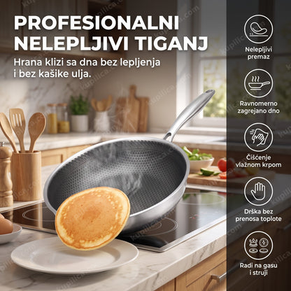 Palačinka klizi iz nelepljivog tiganja na šporetu u kuhinji, benefiti proizvoda