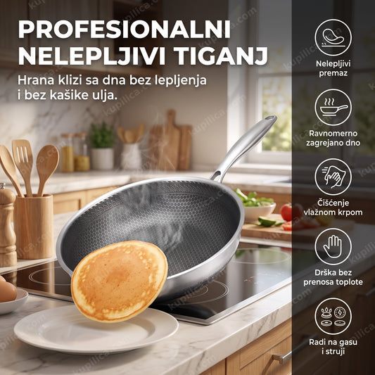 Palačinka klizi iz nelepljivog tiganja na šporetu u kuhinji, benefiti proizvoda