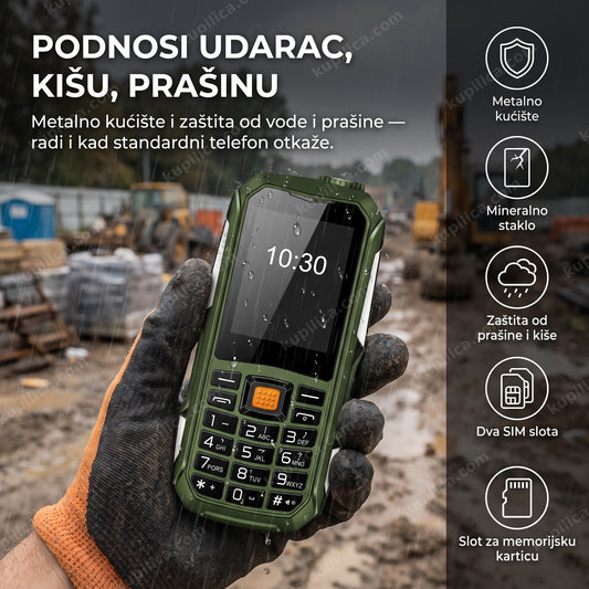 neuništivi telefon dual sim u ruci sa zaštitnom rukavicom na gradilištu po kiši
