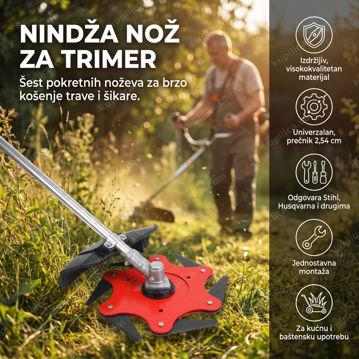 nindža nož glava za trimer u bašti tokom košenja trave, prikaz benefita proizvoda