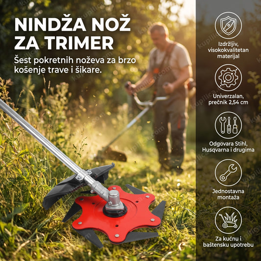 nindža nož glava za trimer u bašti tokom košenja trave, prikaz benefita proizvoda