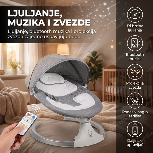 njihalica za bebe u dečijoj sobi sa projekcijom zvezda na plafonu i benefiti proizvoda