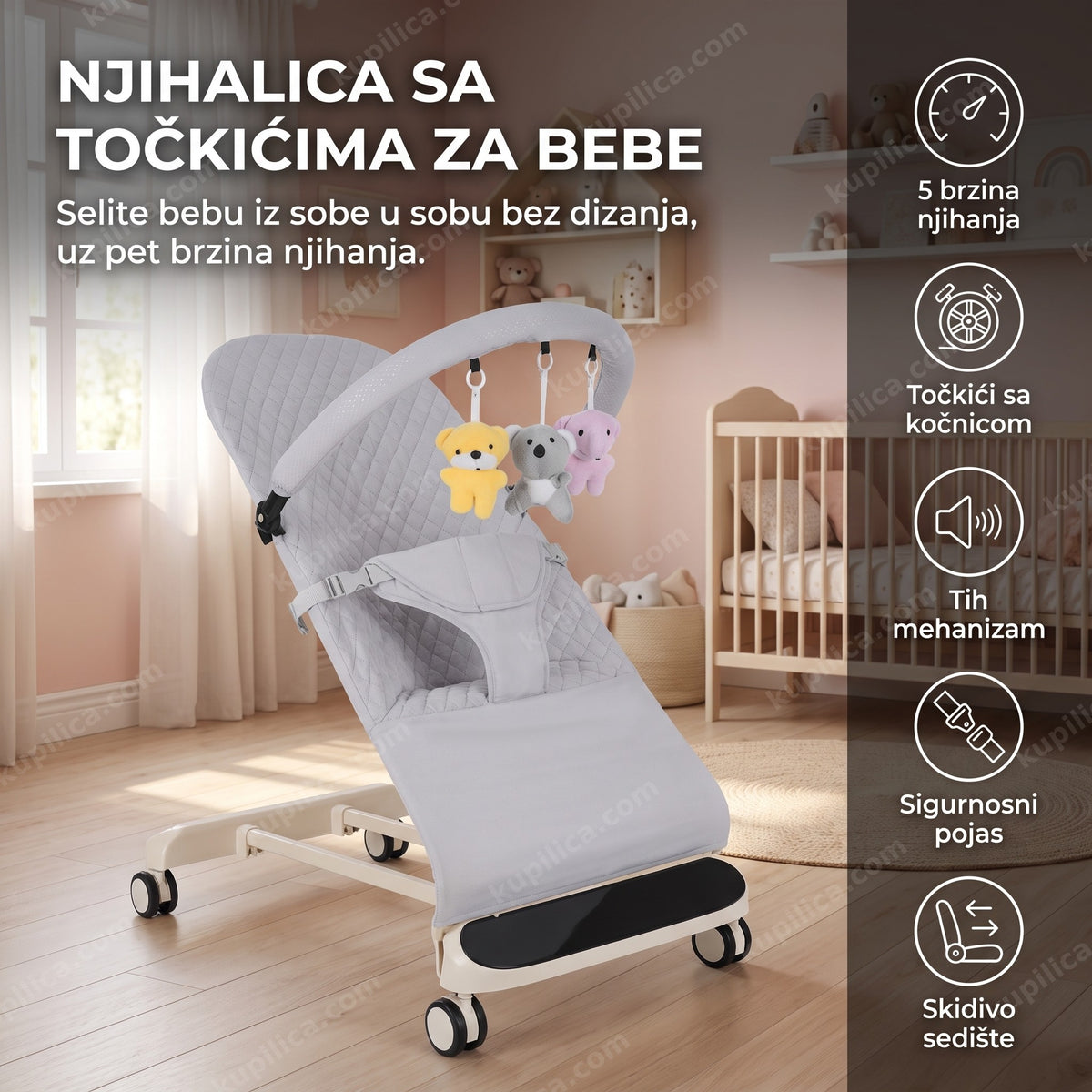 prazna siva njihalica za bebe sa točkićima u pastelnoj spavaćoj sobi, prikaz benefiti proizvoda