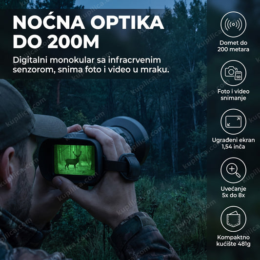 Noćni monokular uperen ka šumi sa zelenom noćnom scenom na ekranu, benefiti proizvoda