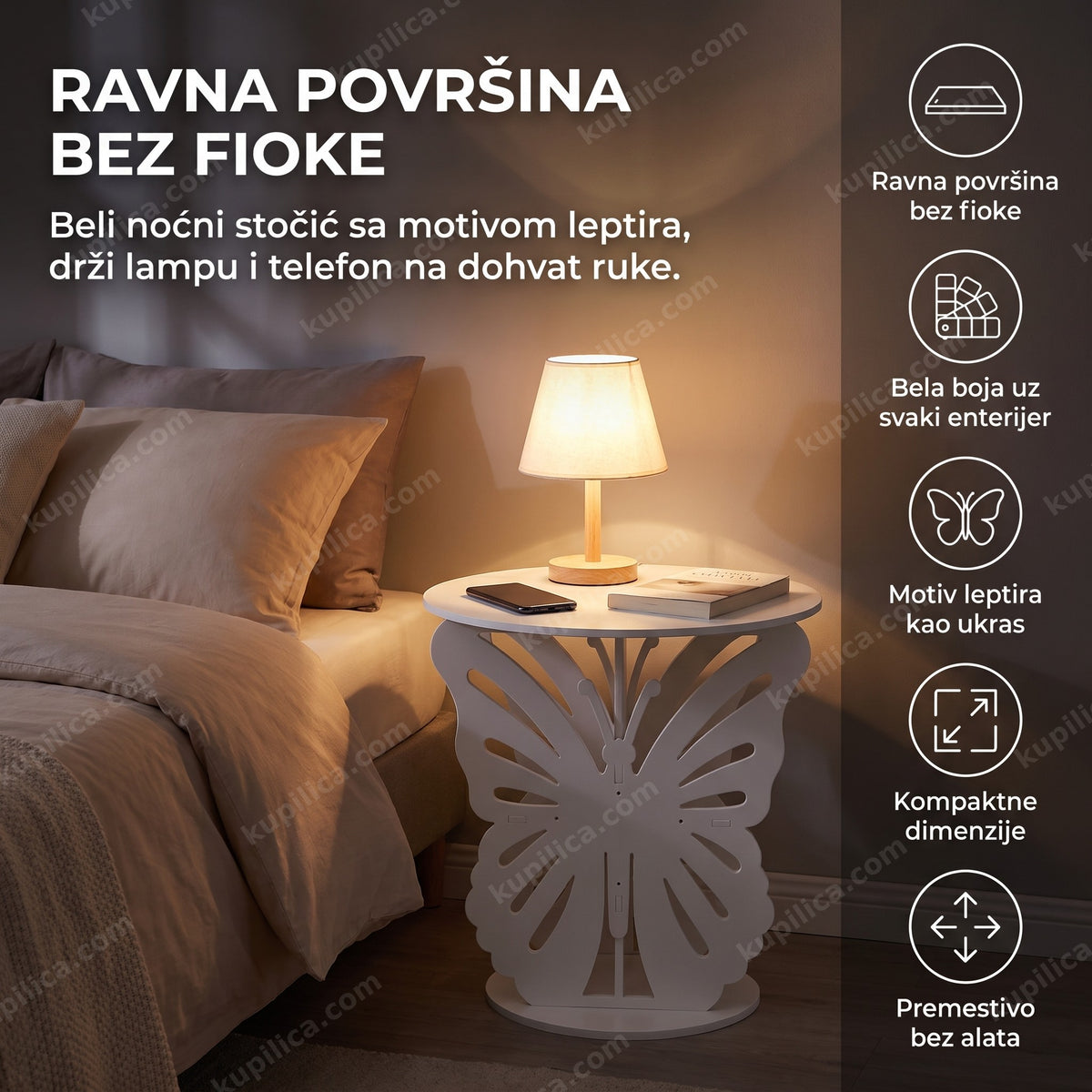 beli noćni stočić sa motivom leptira pored kreveta u spavaćoj sobi
