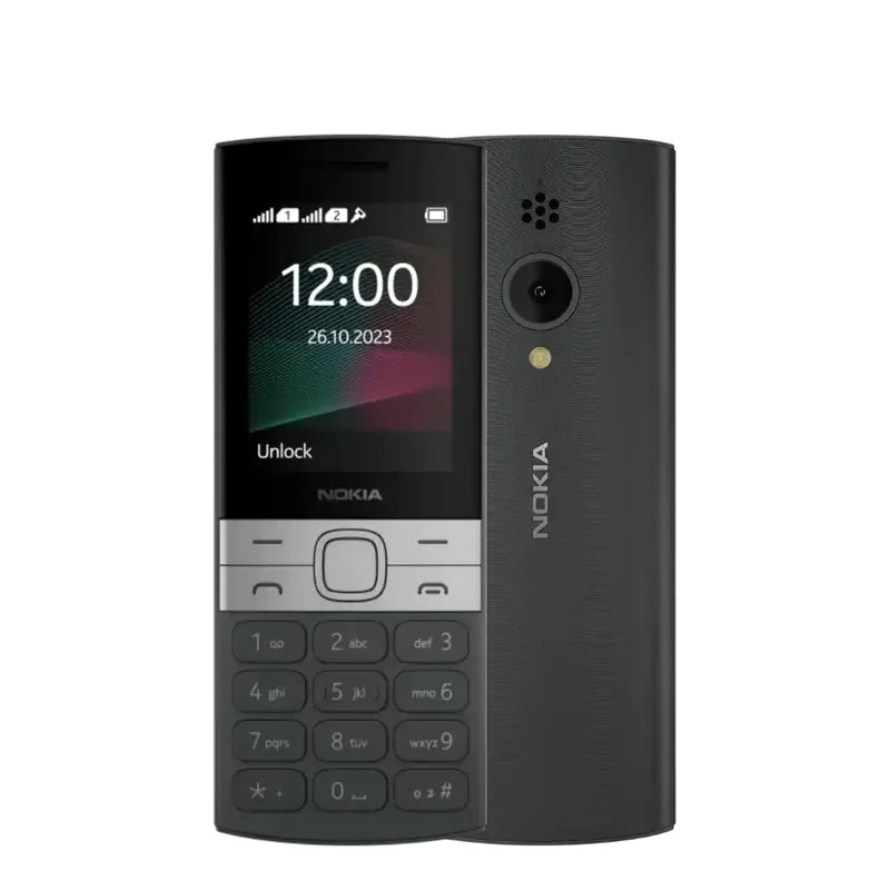 Nokia 150 Dual SIM crni telefon sa prikazanim vremenom i datumom na ekranu