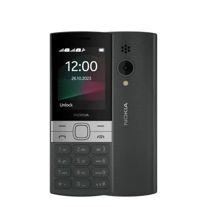 Nokia 150 Dual SIM crni telefon sa prikazanim vremenom i datumom na ekranu